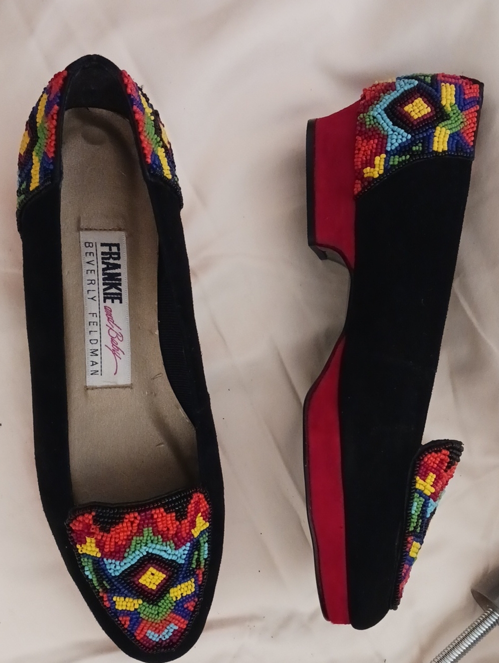 nwob•7B▪︎Frankie Beverly Feldman Black Suede Beaded Loafers - Multicolor Accent
